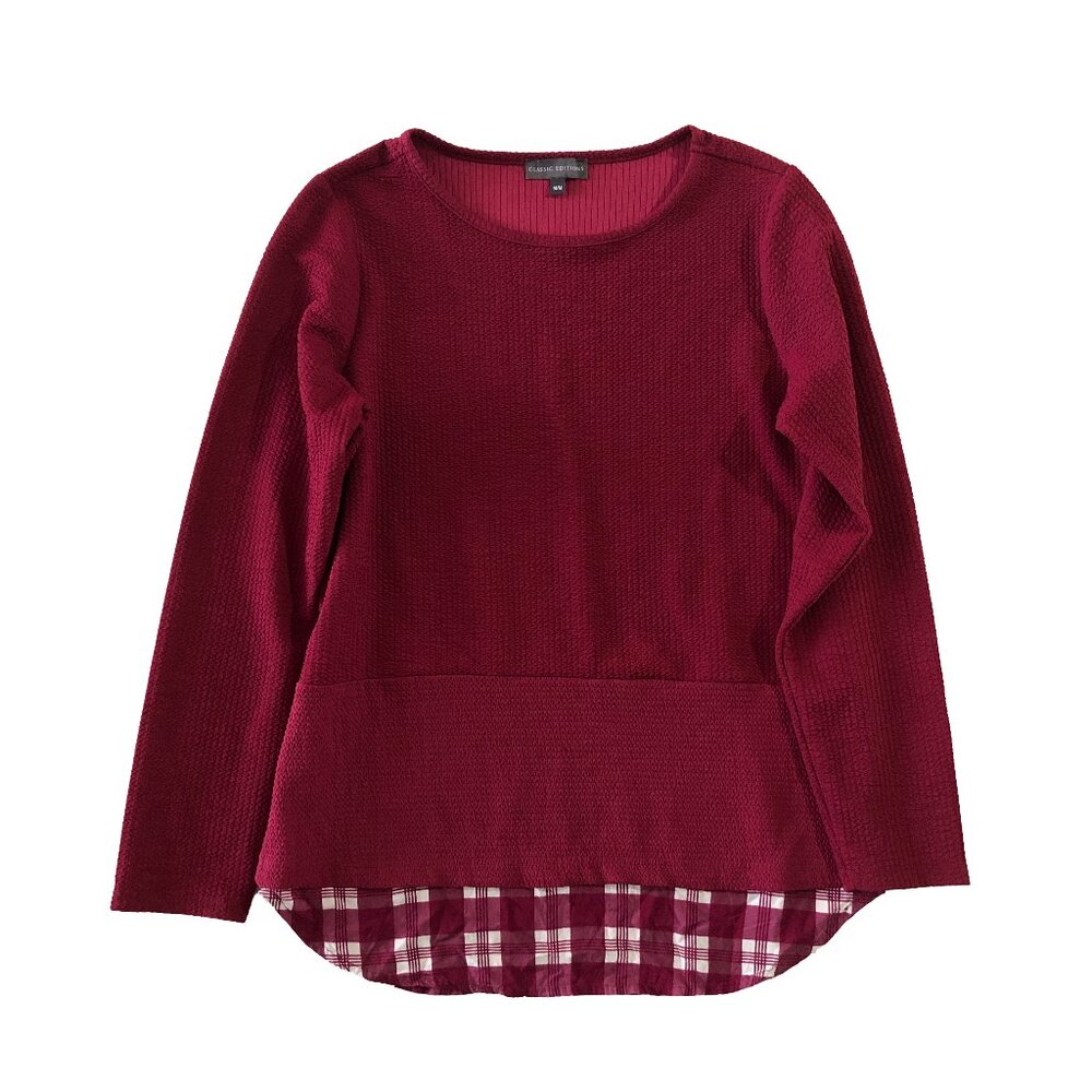Classic Editions Womens Size M Red Top Knit Plaid Hem Long Sleeve Sweater